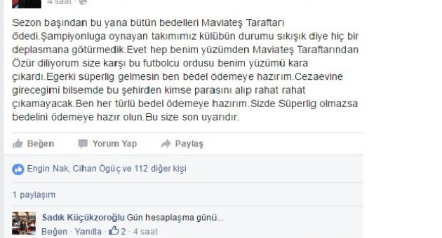 Mavi Ates Taraftar Dernegi Baskanindan Tehdit Icerikli Paylasim Spor Samsun Kulis Haber